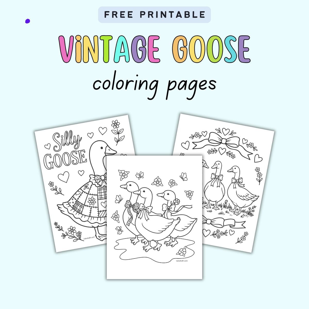 text "free printable vintage goose coloring pages" with a preview of three goose coloring sheets