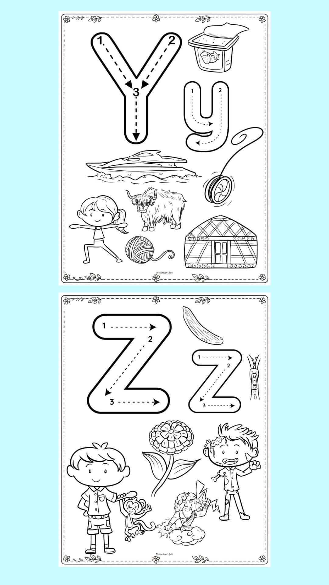 alphabet coloring pages with correct letter formation graphics and images to color. Letters shown are y and z