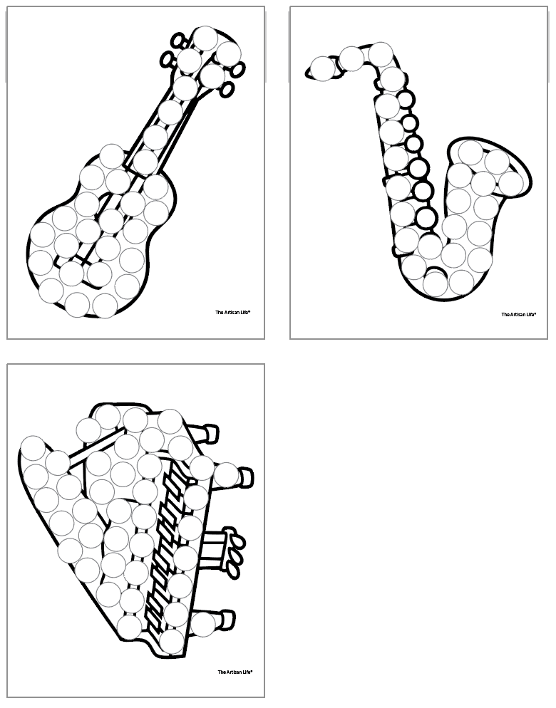 three dot marker pages including a guitar, a sax, and a piano