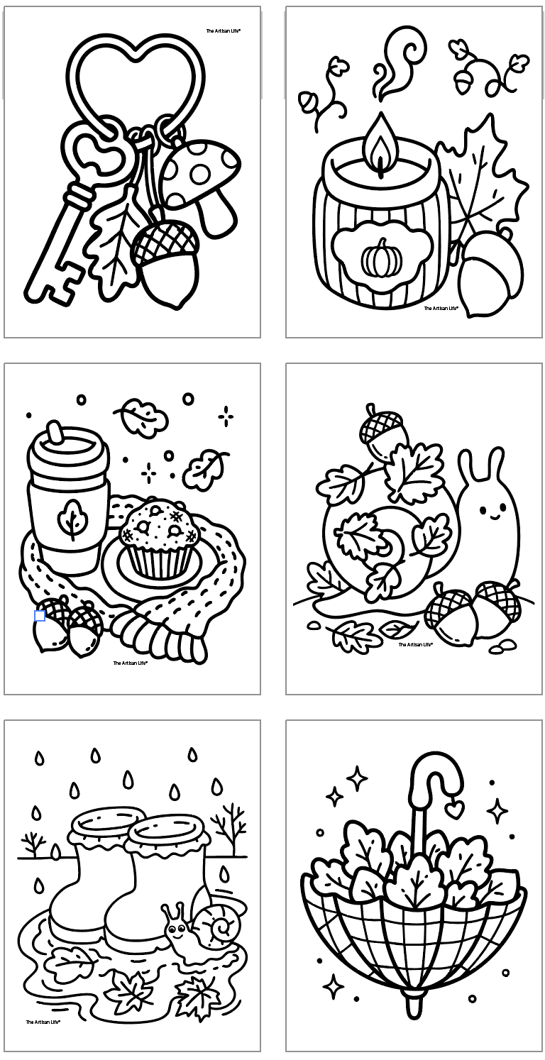 six bold and easy style fall coloring pages including images like candles, acorns, leaves, and rain boots
