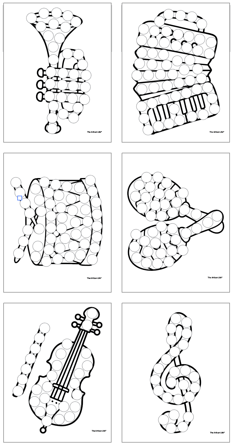 six music themed dot marker pages including a trumpet, an accordion, a drum, maracas, a violin, and a treble clef