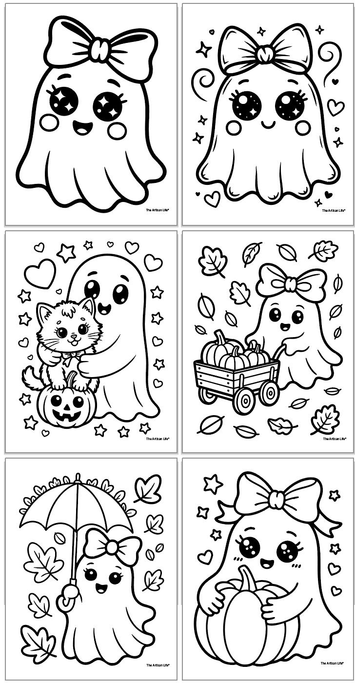 six cute ghost coloring sheets showing ghosts with pumpkins, leaves, and cute bows