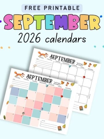 text "free printable September 2026 calendars" with previews of a full color and a less color September calendar page