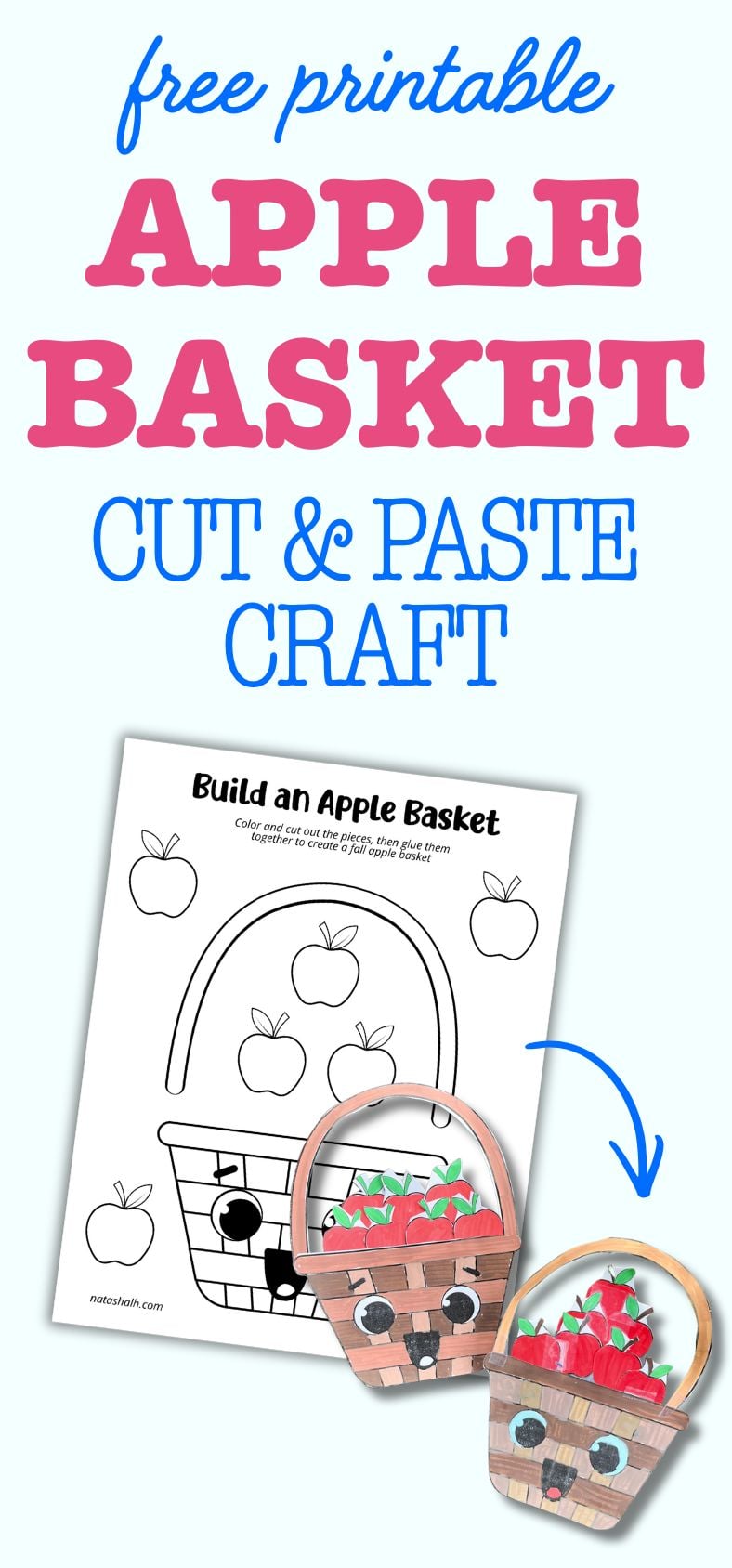 text "free printable apple basket cut and paste craft" with a preview of the printable and photo of two completed apple basket crafts