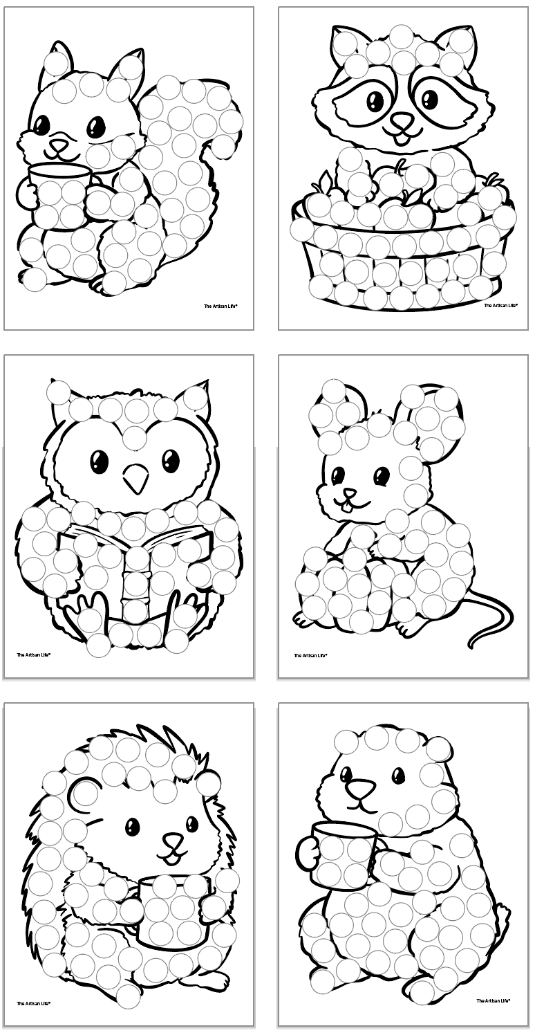 six fall animal dot marker coloring pages including an owl, a mouse with a pumpkin, a hedgehog, a groundhog, a squirrel, and a raccoon