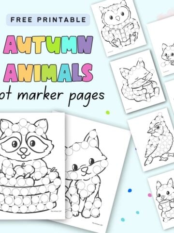 text "free printable autumn animal dot marker pages" with preview of cute fall animals including foxes, an own, a raccoon, a bird, and a mouse