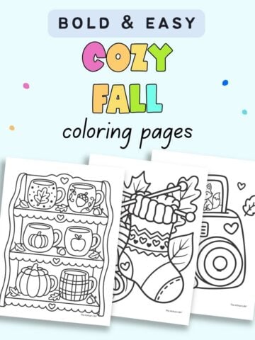 text "bold and easy cozy fall coloring pages" with a preview of three bold and easy style coloring pages