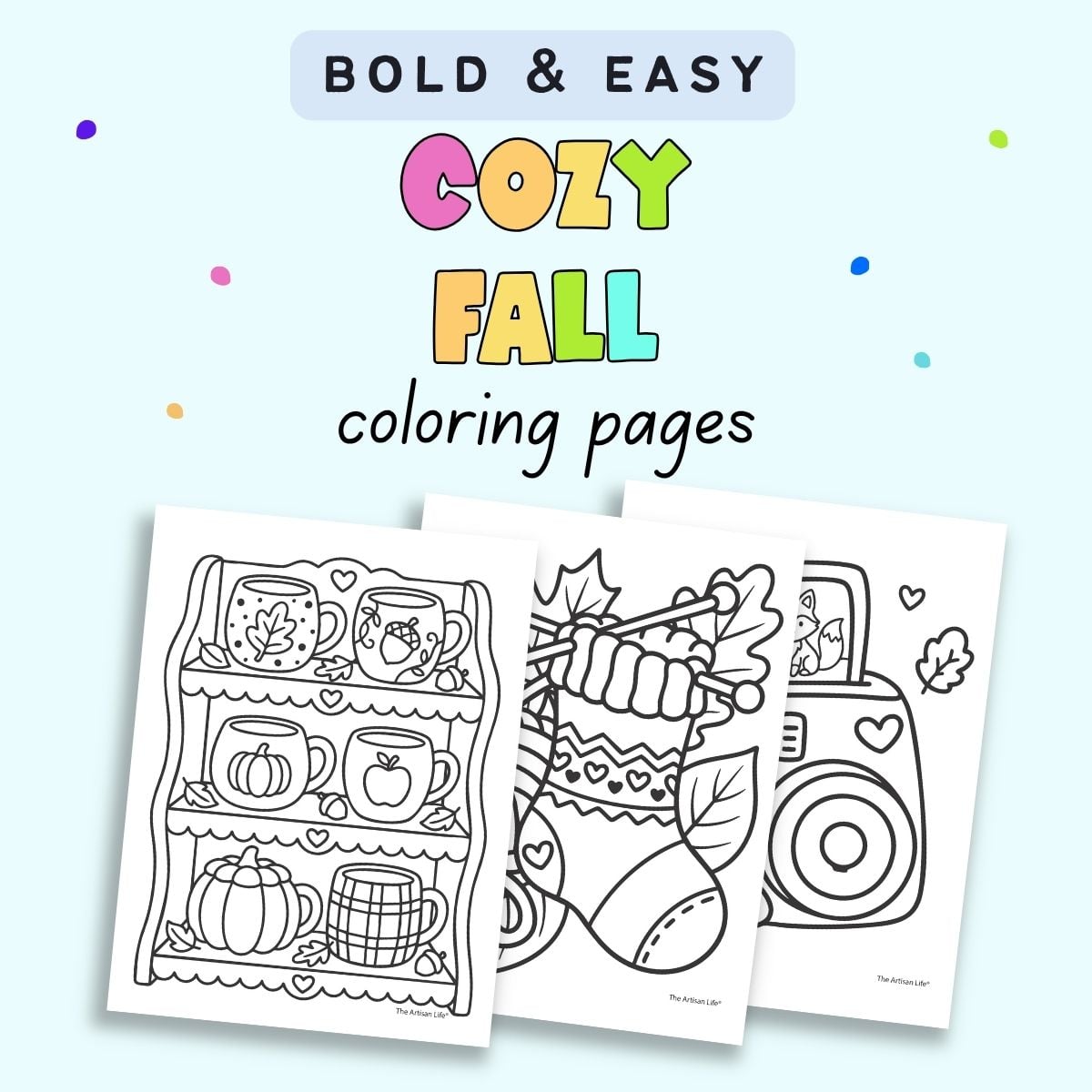text "bold and easy cozy fall coloring pages" with a preview of three bold and easy style coloring pages