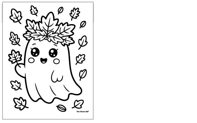 a cute ghost coloring page showing a ghost with a crown of leaves