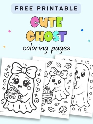 text "free printable cute ghost coloring pages" and a preview of three cute ghost coloring sheets for kids