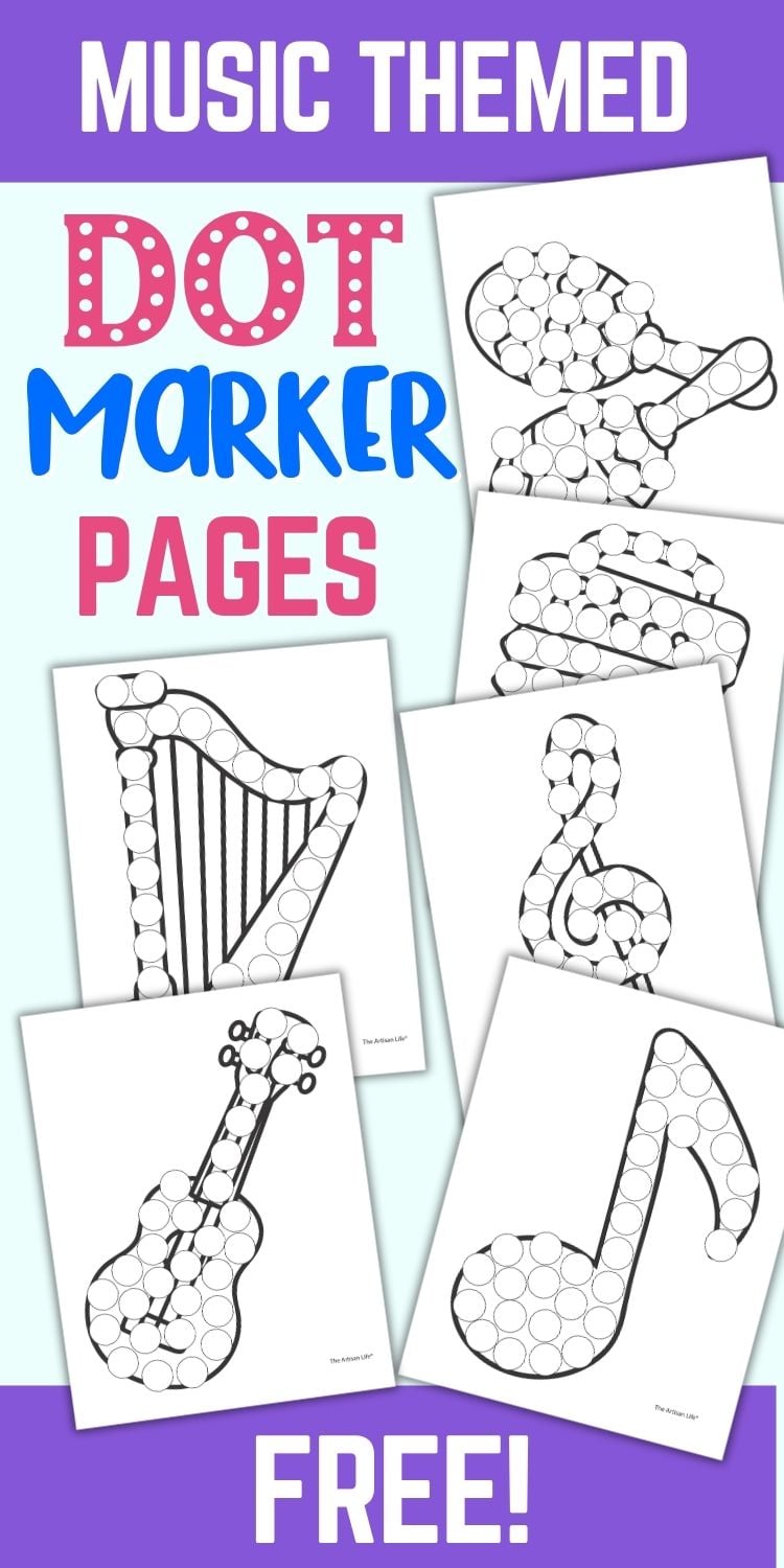 text "music themed dot marker pages - free!" with a preview of dauber dot pages