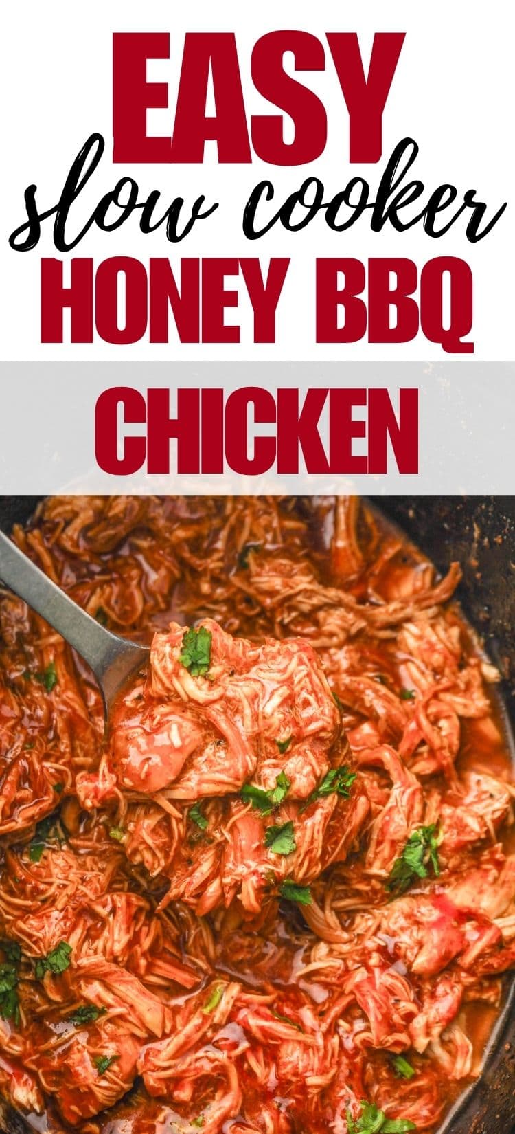 text "easy slow cooker honey bbq chicken" over a top down photo of shredded slow cooker honey bbq chicken in a slow cooker crock