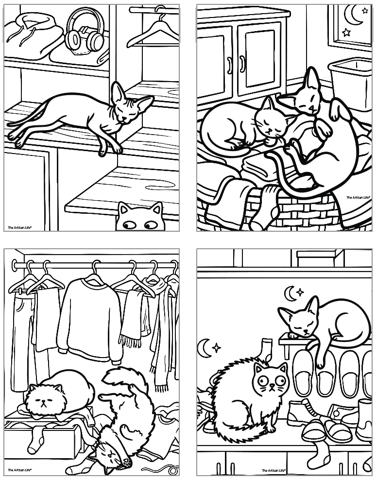 four cats misbehaving bold and easy style coloring pages