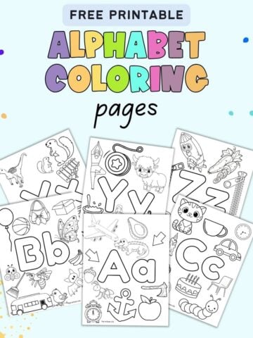 text "free printable alphabet coloring pages" with a preview of six alphabet coloring sheets