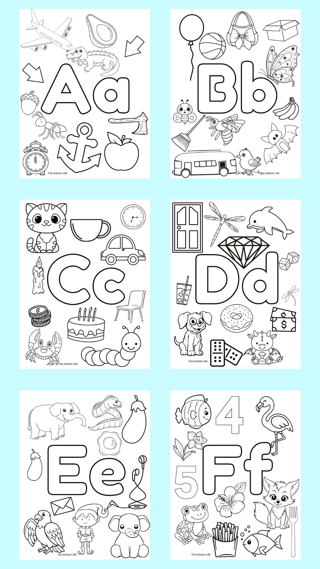 six alphabet coloring pages with large bubble letters and Strats with letter images to color. Letters include a-f