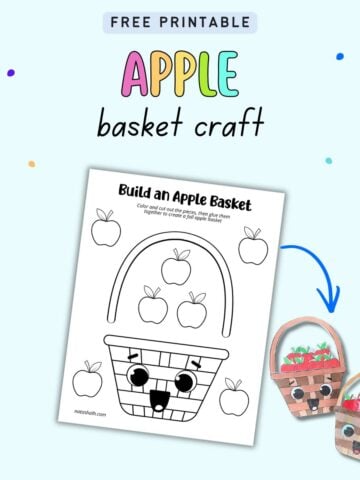 text "free printable apple basket craft" with a preview of the printable and photo of two completed crafts