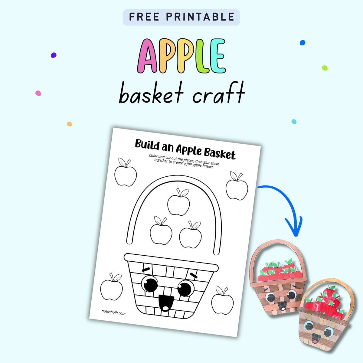 text "free printable apple basket craft" with a preview of the printable and photo of two completed crafts