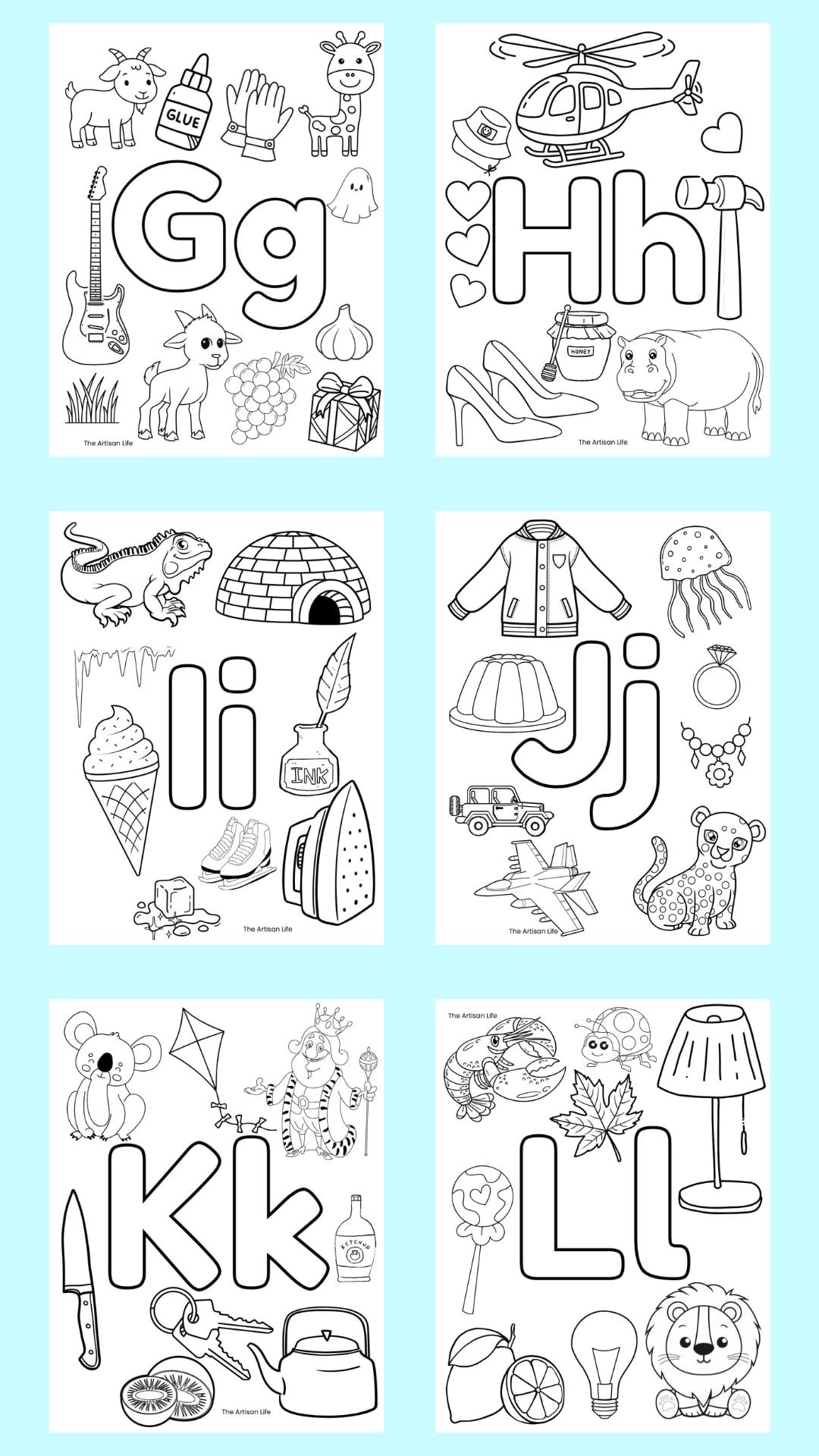 six alphabet coloring pages with large bubble letters and Strats with letter images to color. Letters include g-l