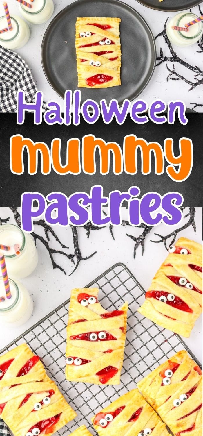 text "halloween mummy pastries" with top down images of mummy themed puff pastries with bottles of milk