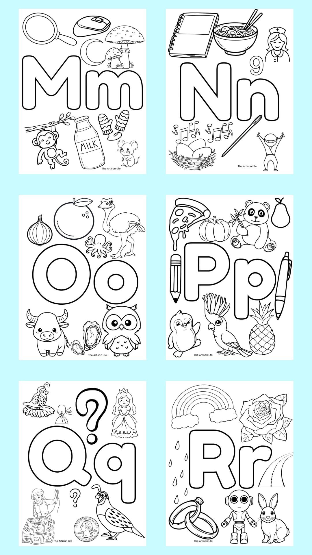 six alphabet coloring pages with large bubble letters and Strats with letter images to color. Letters include m-r
