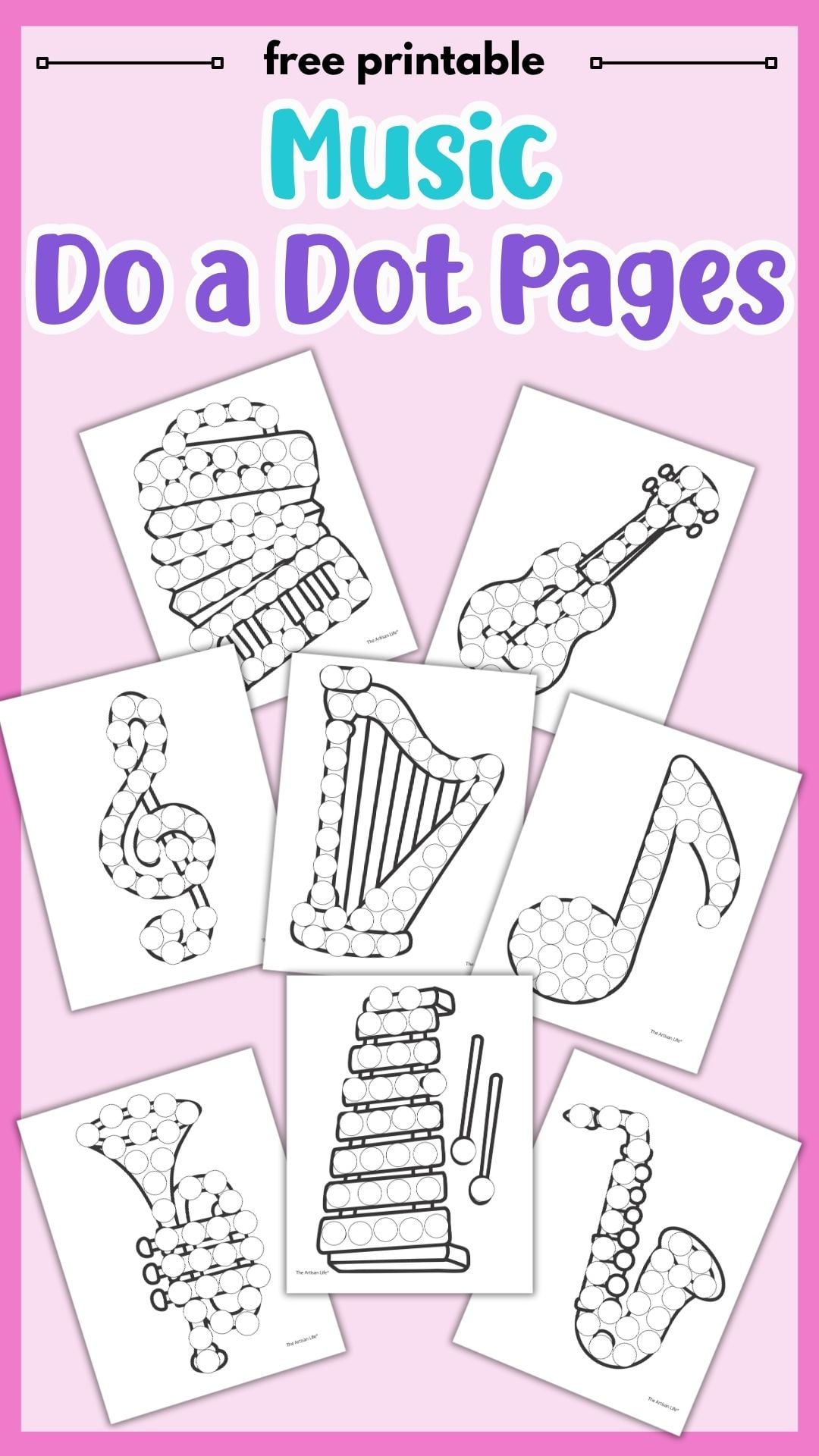 text "free printable music do a dot pages" with a preview of nine instrument dot marker sheets