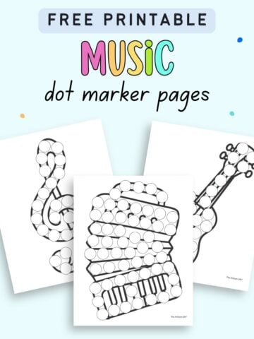 text "free printable music dot marker pages' with a preview of three dot marker coloring sheets