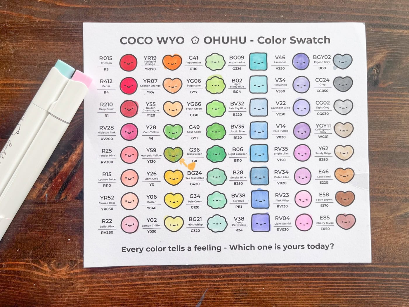 a top down photo of a color swatch from the Coco Wyo x Ohuhu marker set