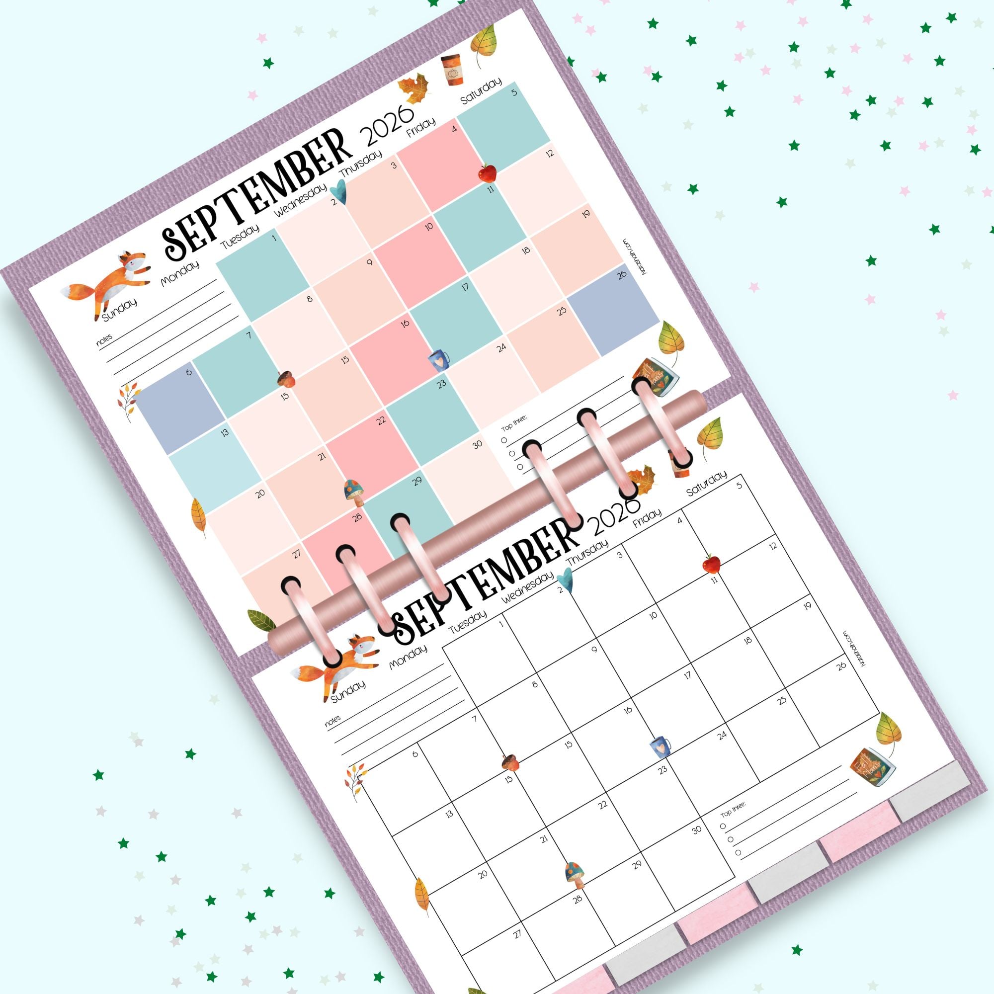 a mockup of a planner with color September 2026 calendar pages