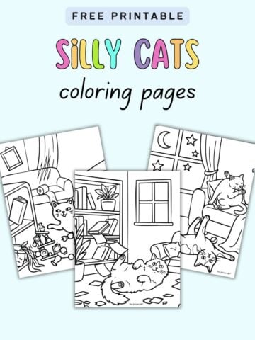 text "free printable silly cats coloring pages" with a preview of three coloring sheets showing misbehaving cats