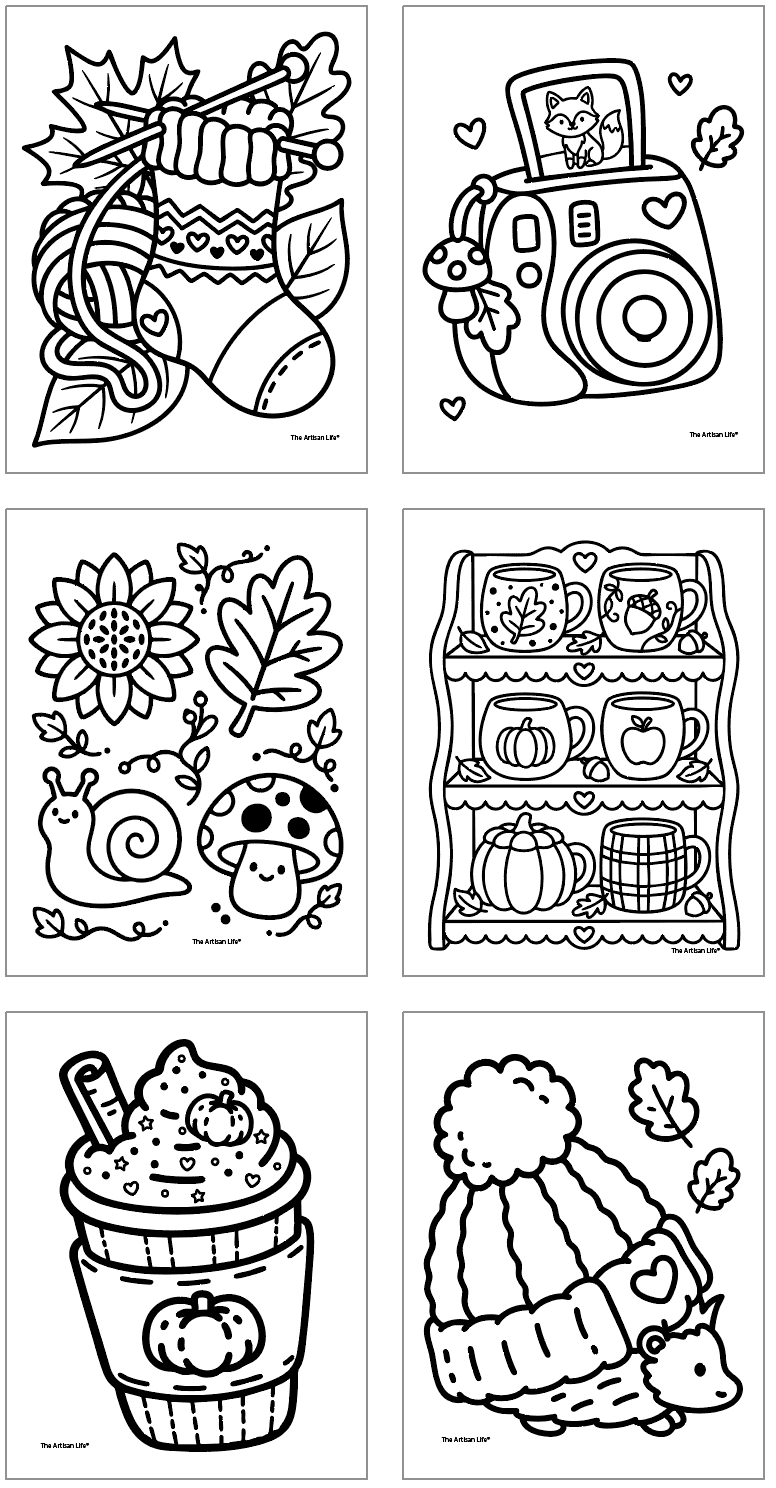 six bold and easy style fall coloring pages including images like a sock being knitted, fall themed mugs, a vintage style camera, mushrooms, and snails