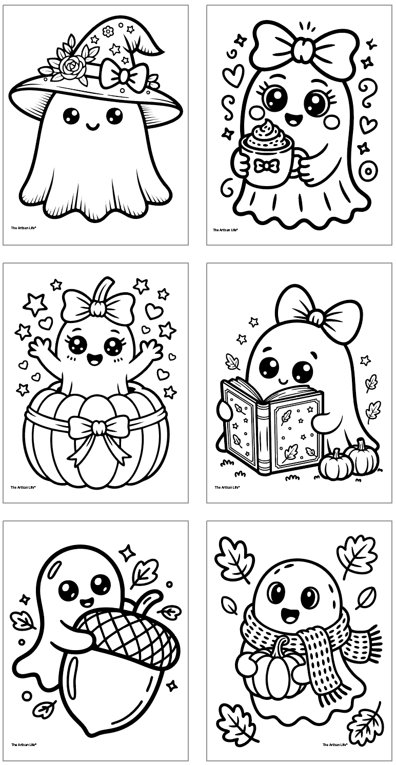six kawaii ghost coloring pages for fall showing a ghost with a pumpkin, a ghost with an acorn, a ghost with a scarf, a reading ghost, a ghost with hot chocolate, and a witch hat ghost