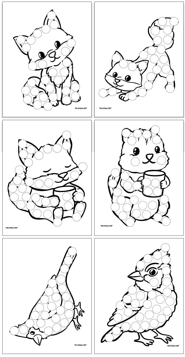 six fall animal dot marker coloring pages including three foxes, a groundhog, and two birds