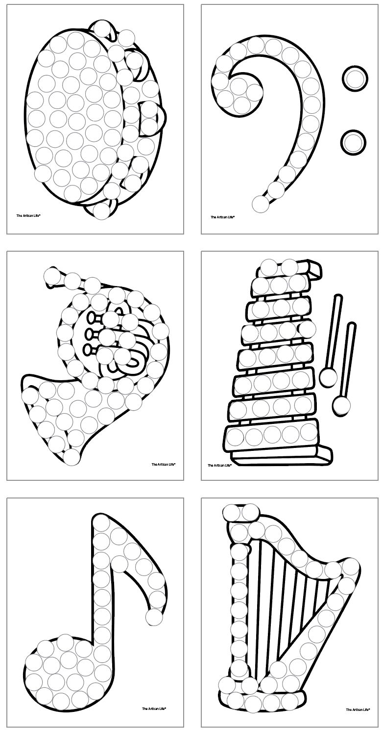 six music themed dot marker coloring pages including a horn, a zither, a musical note, and a harp