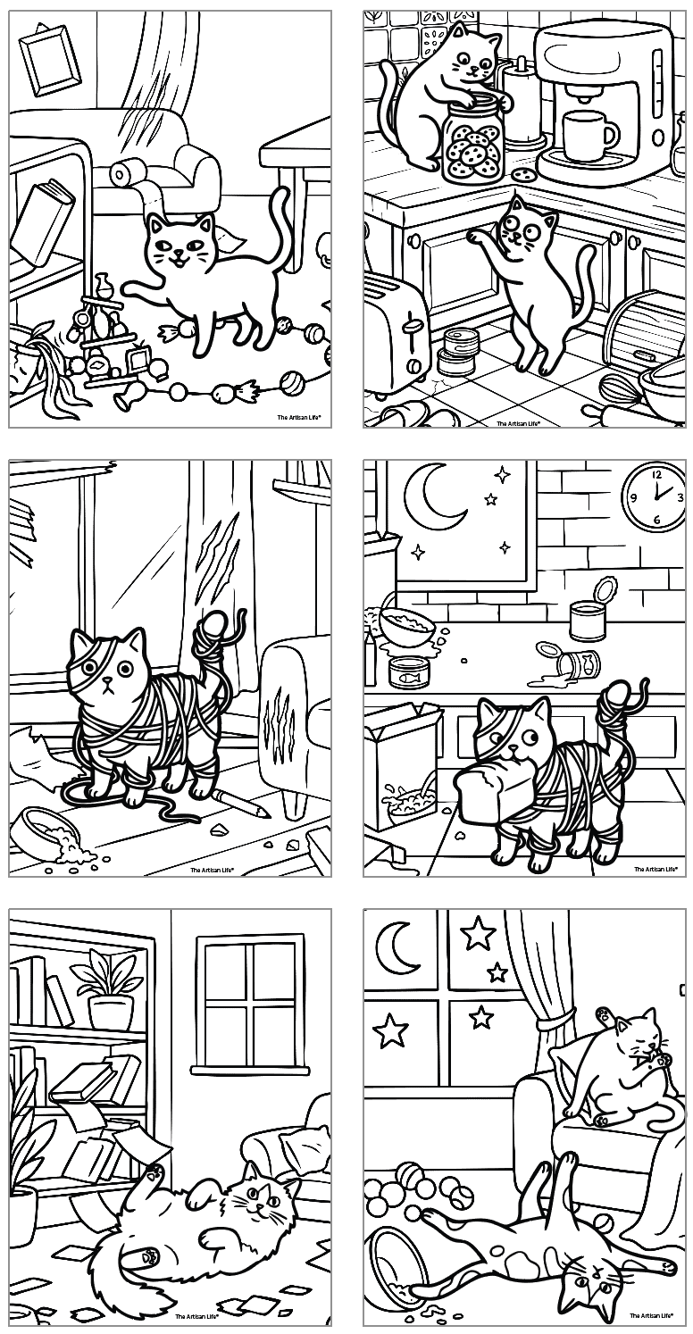 six cats misbehaving bold and easy style coloring pages