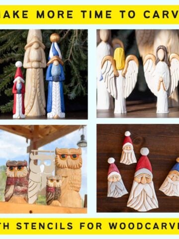 a collage of four wood carving photos with text "make more time to carve with stencils for woodcarvers"