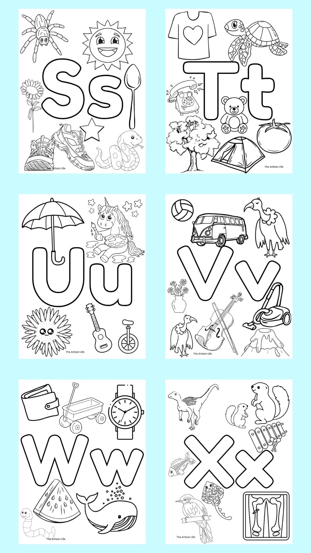 six alphabet coloring pages with large bubble letters and Strats with letter images to color. Letters include s-x