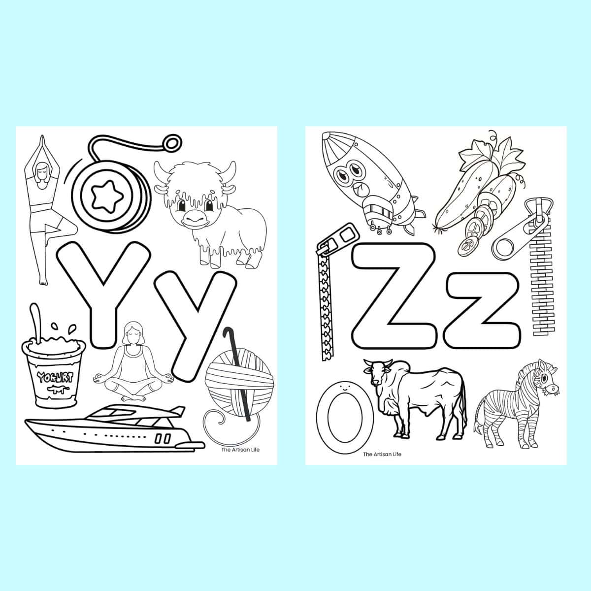 two alphabet coloring pages with large bubble letters and Strats with letter images to color. Letters include yz