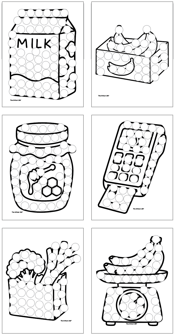 six grocery store dot marker coloring pages with a scale, bags of groceries, and vegetables