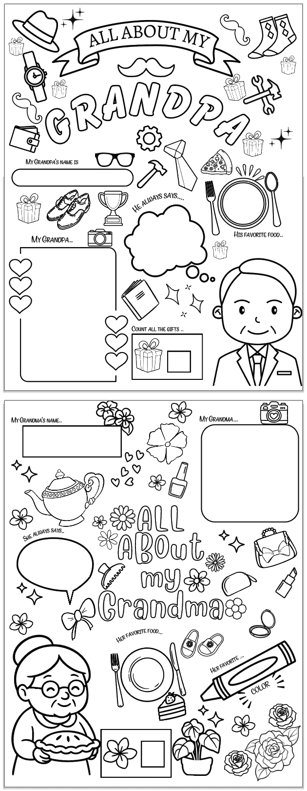 An all about my grandpa questionnaire and an all about my grandma questionnaire for Grandparents' Day