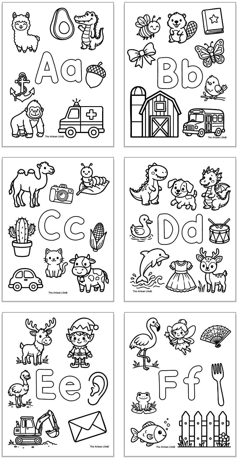 alphabet coloring pages with bubble letters to color and starts with letter sound pictures. Letters include abcdef