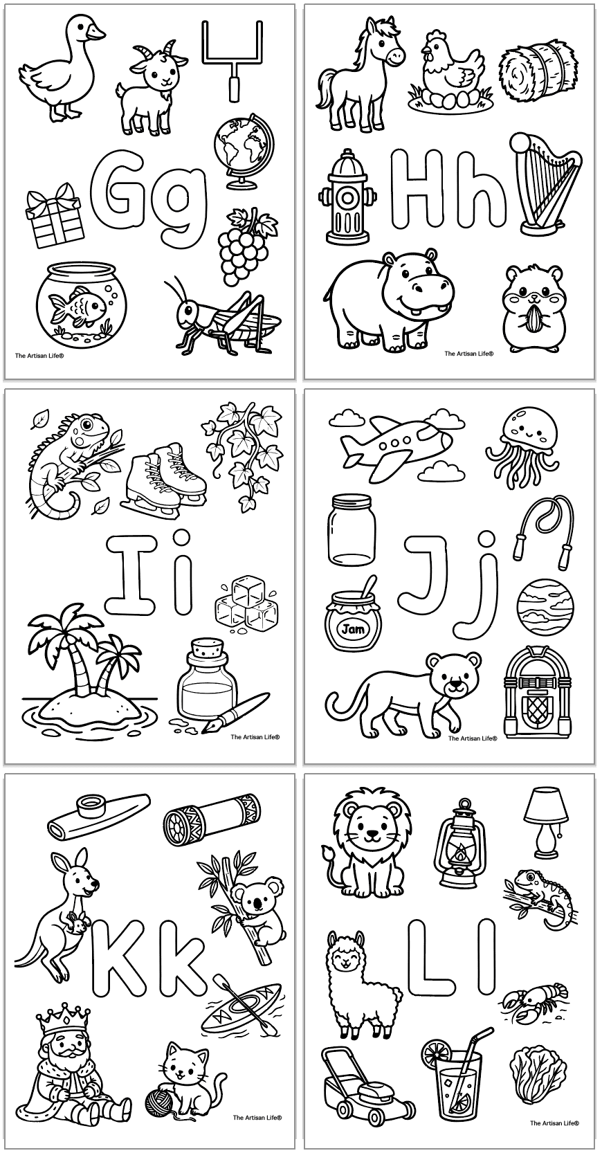 alphabet coloring pages with bubble letters to color and starts with letter sound pictures. Letters include ghijkl