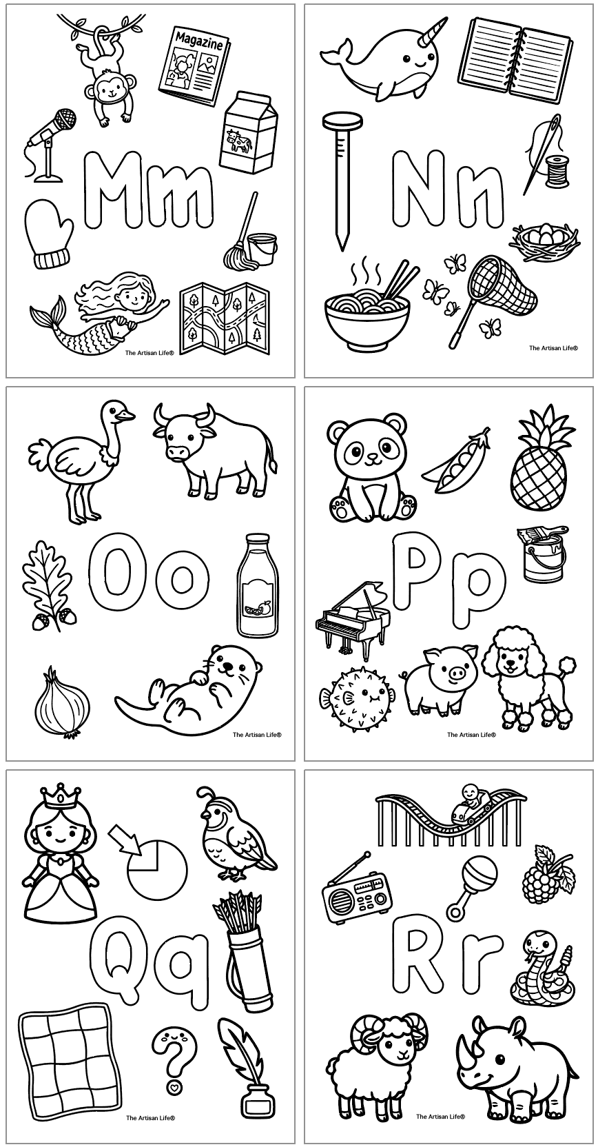 alphabet coloring pages with bubble letters to color and starts with letter sound pictures. Letters include mnopqr
