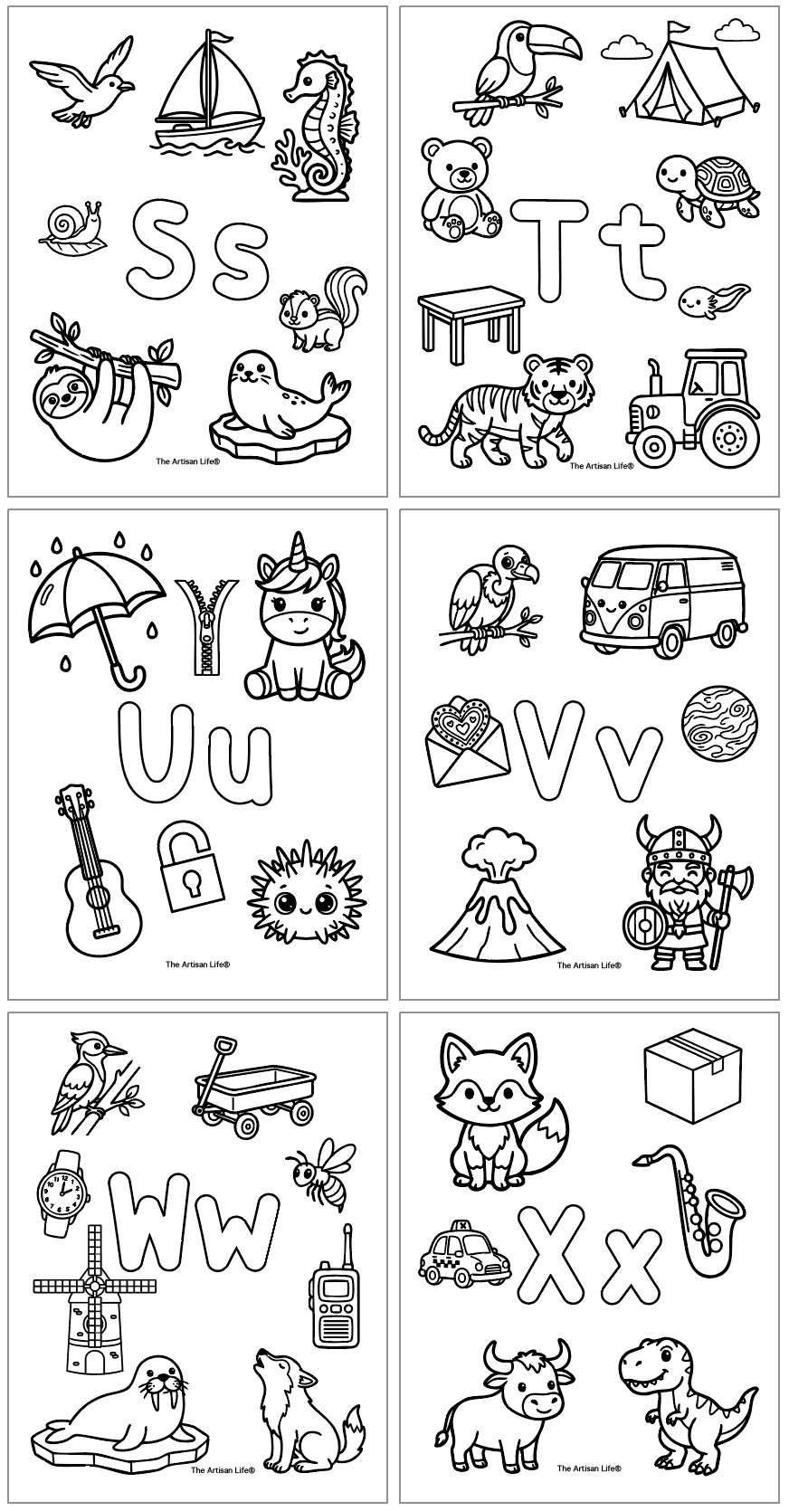 alphabet coloring pages with bubble letters to color and starts with letter sound pictures. Letters include stuvwx