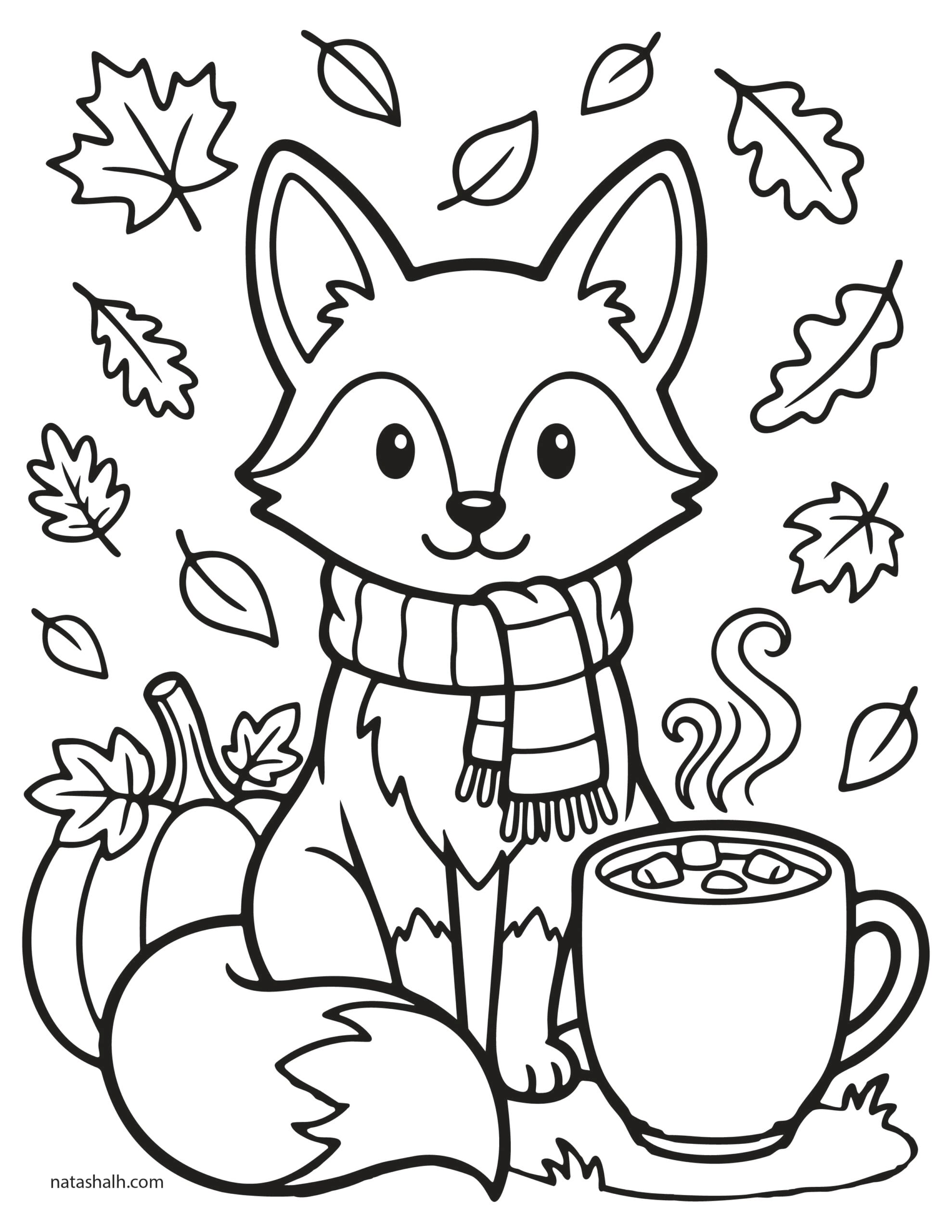 a fox with a hot chocolate coloring page