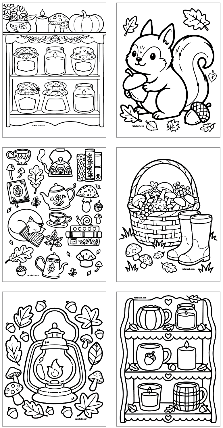 fall coloring pages with squirrels, a lantern, candles, pillows, and a fox