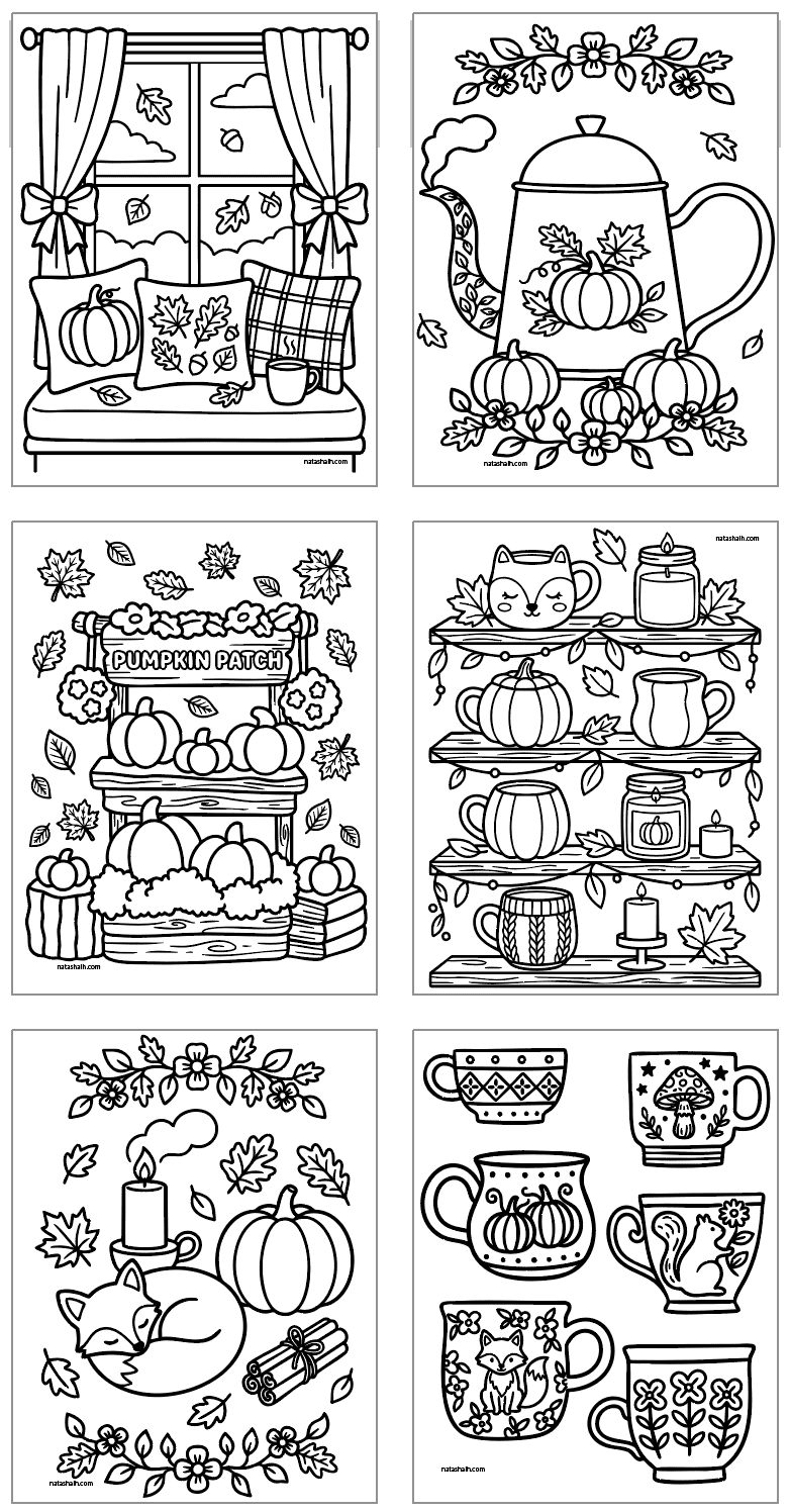 six fall coloring page with pumpkins, mugs, and foxes