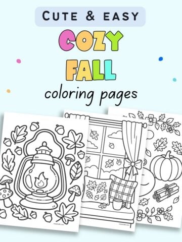 text "cute and cozy fall coloring pages" with three easy fall coloring sheets