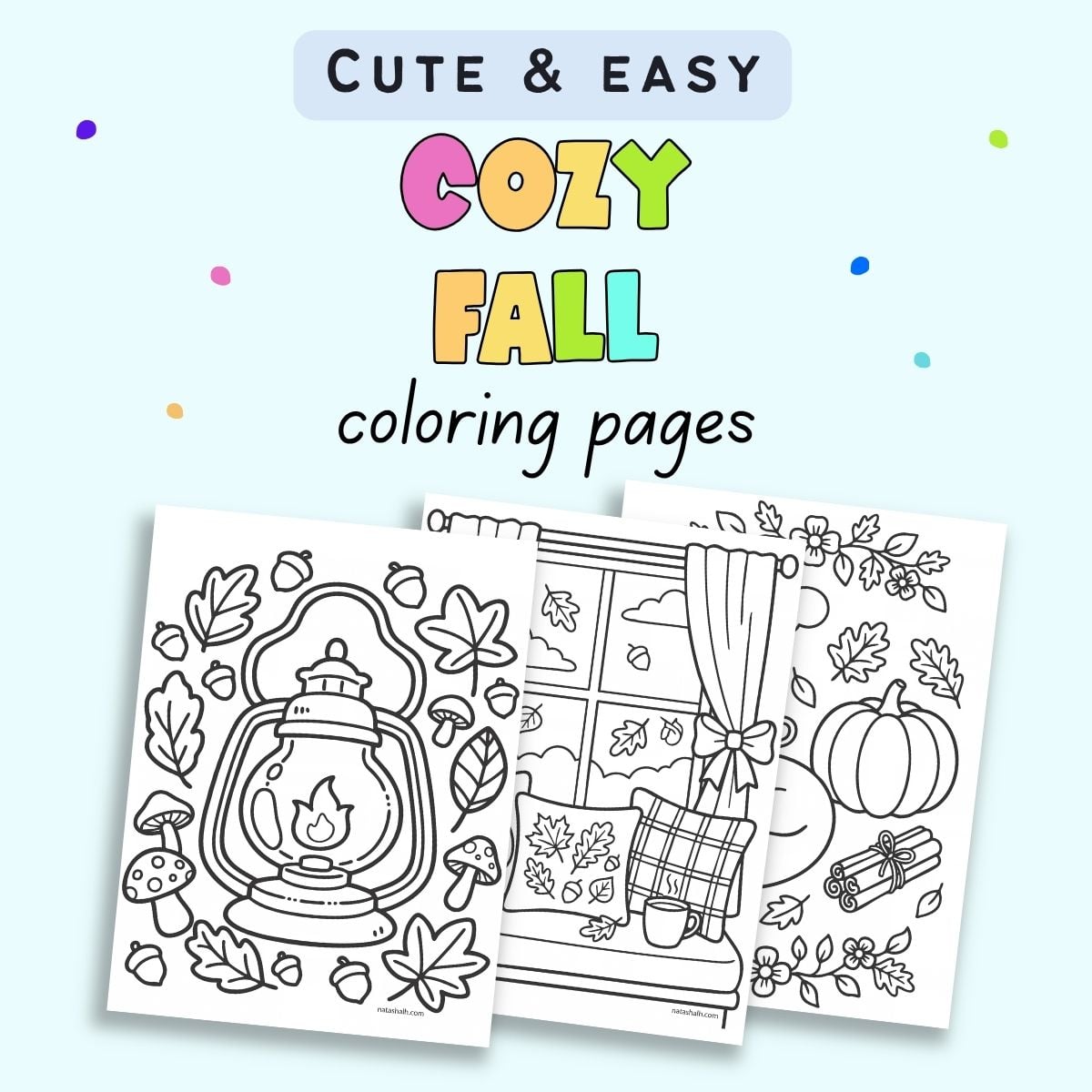 text "cute and cozy fall coloring pages" with three easy fall coloring sheets 