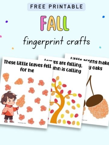 text "free printable fall fingerprint crafts" with a preview of three completed fingerprint crafts for fall