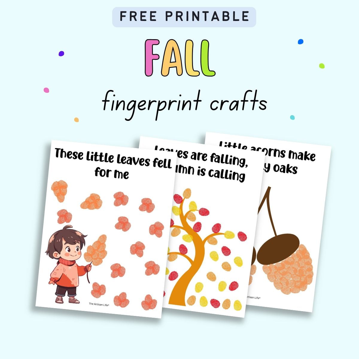 text "free printable fall fingerprint crafts" with a preview of three completed fingerprint crafts for fall